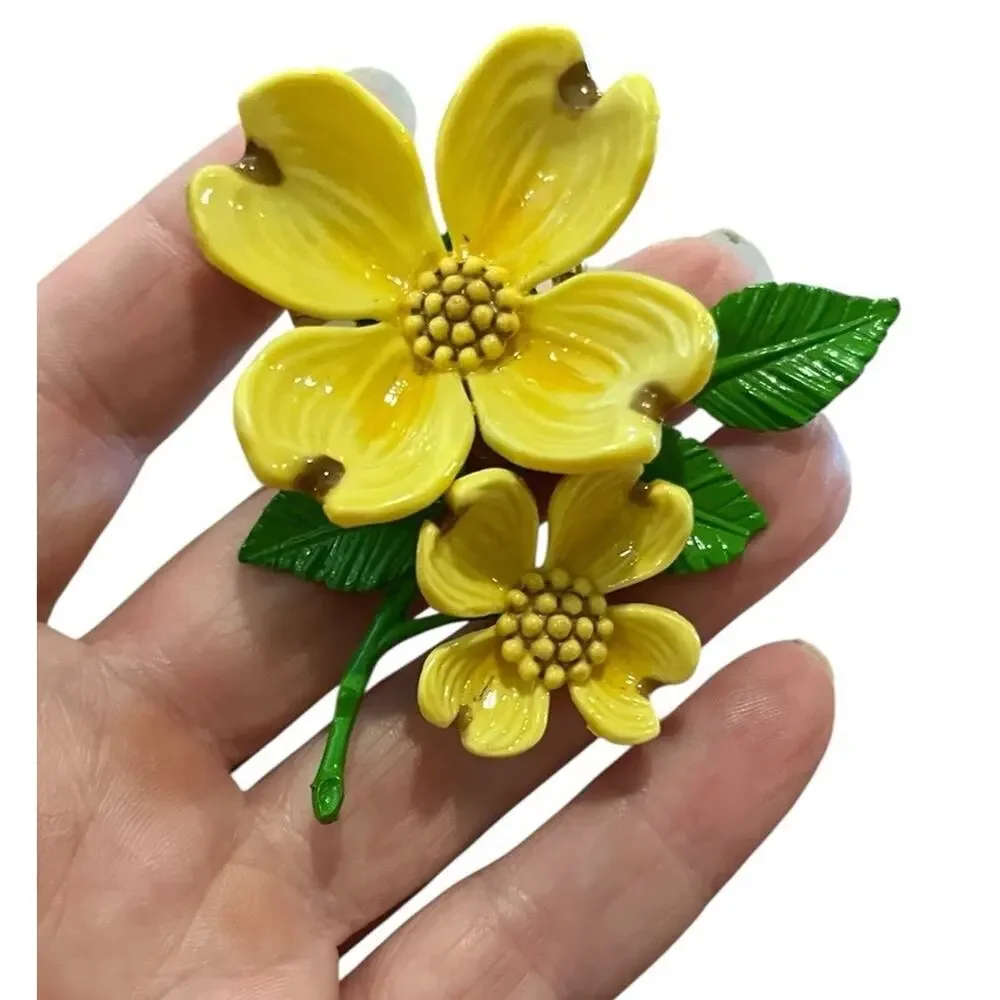 Vintage Dogwood brooch Pin Celluloid Yellow Double flower 2.75” Tall